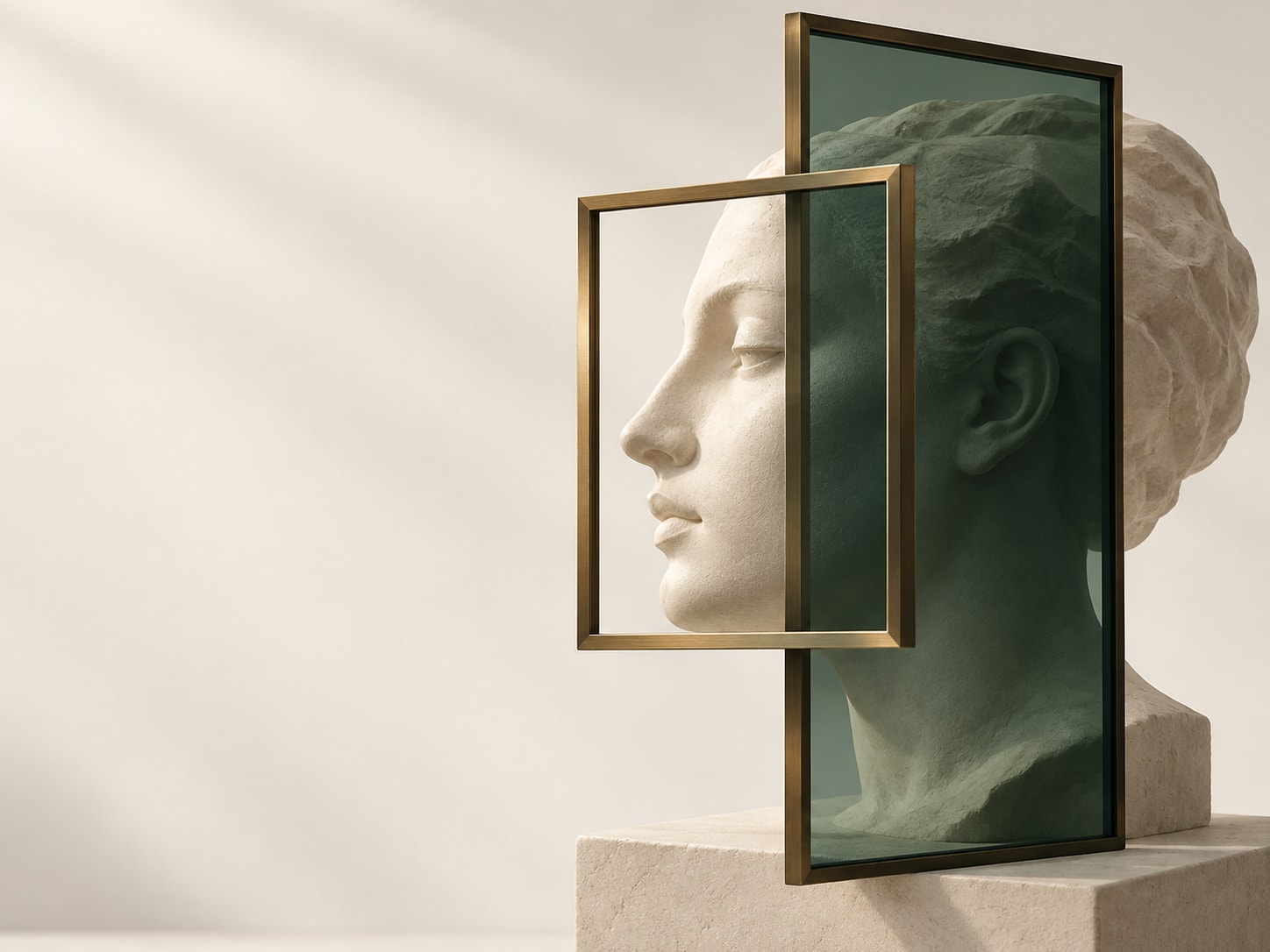A marble bust seen through an empty frame
